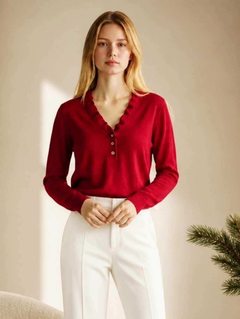 Ralph Lauren Red V-Neck Sweater Ruffle Trim Button Placket Cotton Small